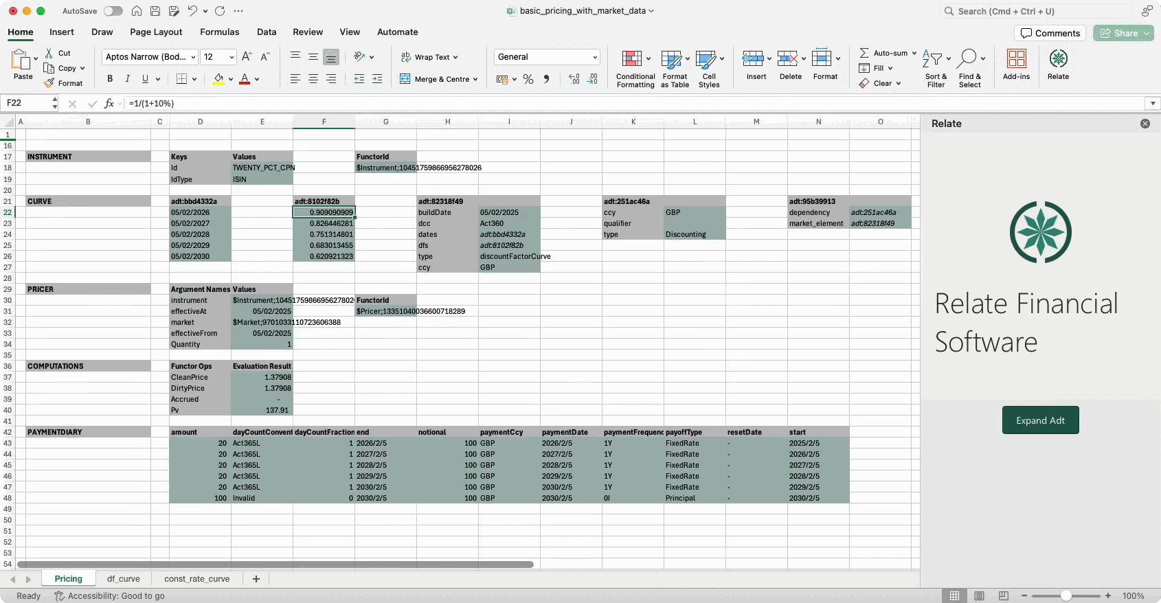 Pricing in Relate via Excel